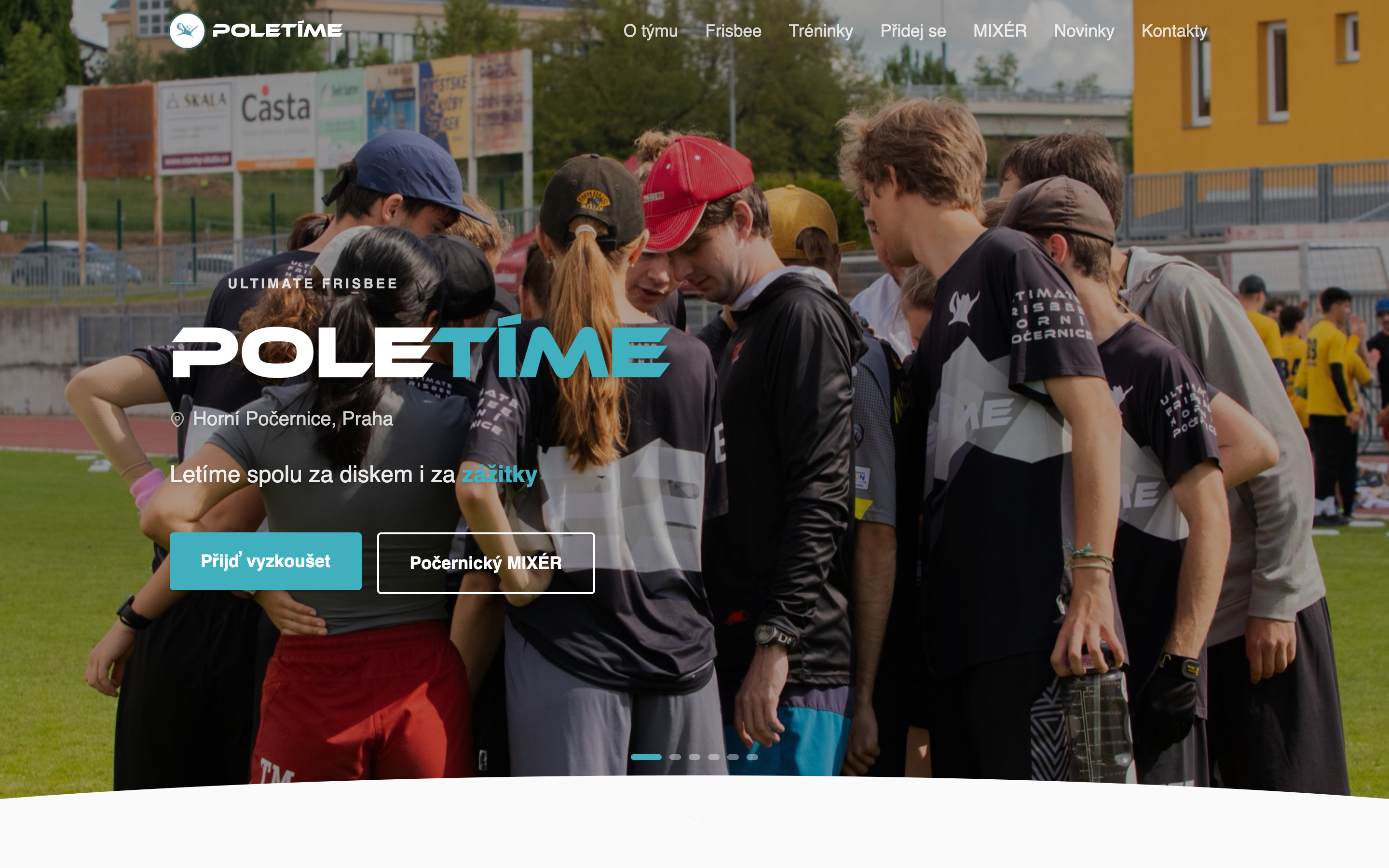 Poletime Ultimate homepage — team huddle photo with PoleTime logo